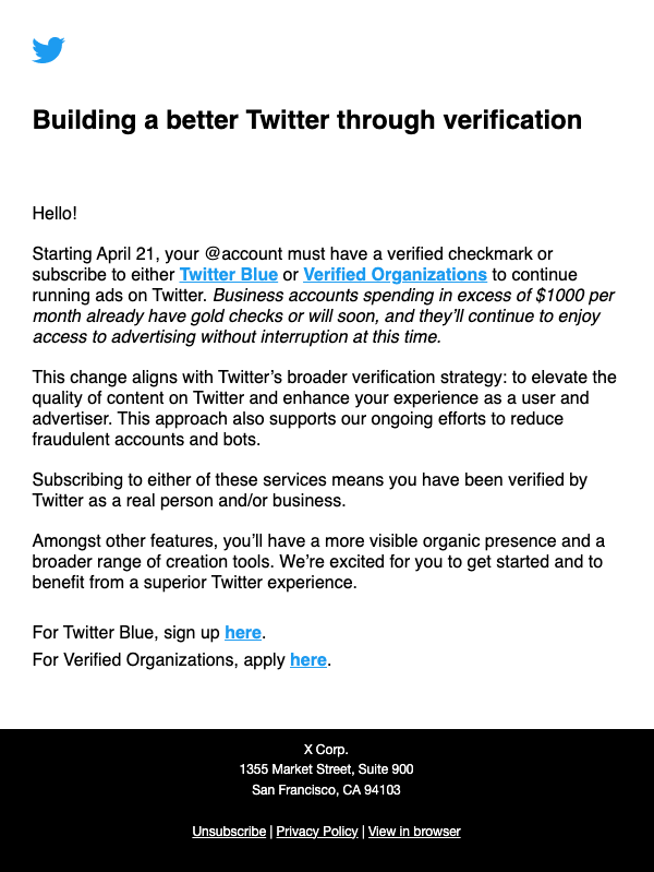 Twitter advertisers required to be verified